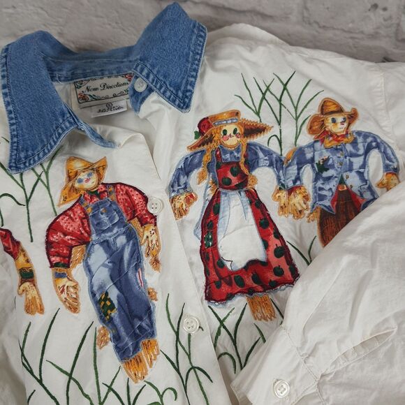 Vintage 90s New Directions Scarecrow Button-Up Womens Small Denim Fall Halloween - Picture 1 of 8